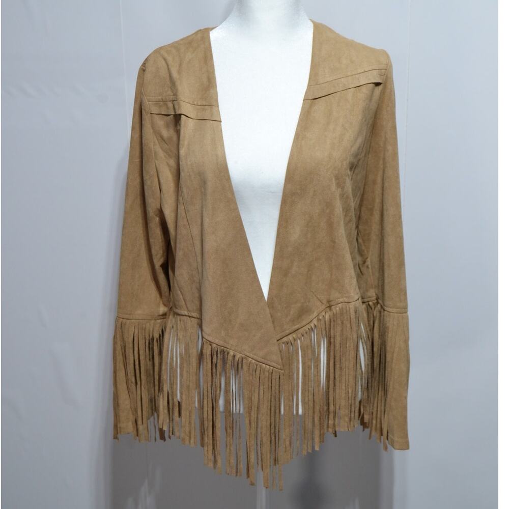 Hot & Delicious Crop Fringe Faux Suede Open Front Jacket Size Large Brown